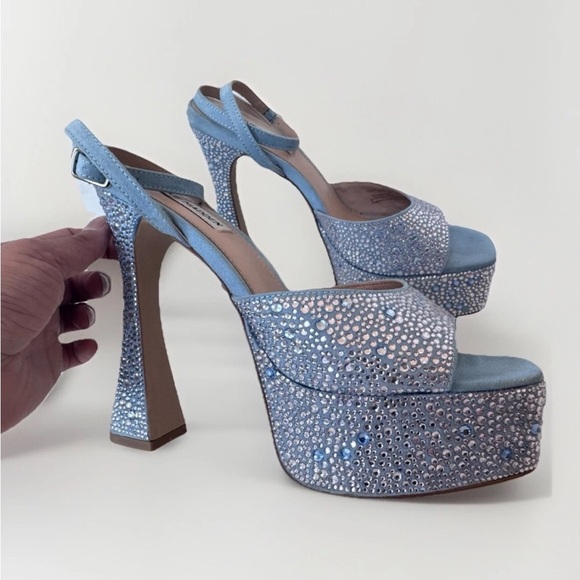 Steve Madden Blue Lightness Rhinestone Chunky Platform Heels Sandals Shoes - Picture 2 of 9
